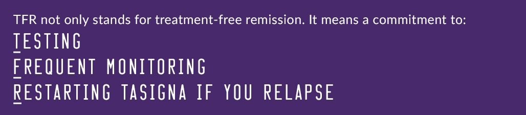 TFR not only stands for treatment-free remission. It means a commitment to: testing, frequent monitoring, and restarting Tasigna if you relapse